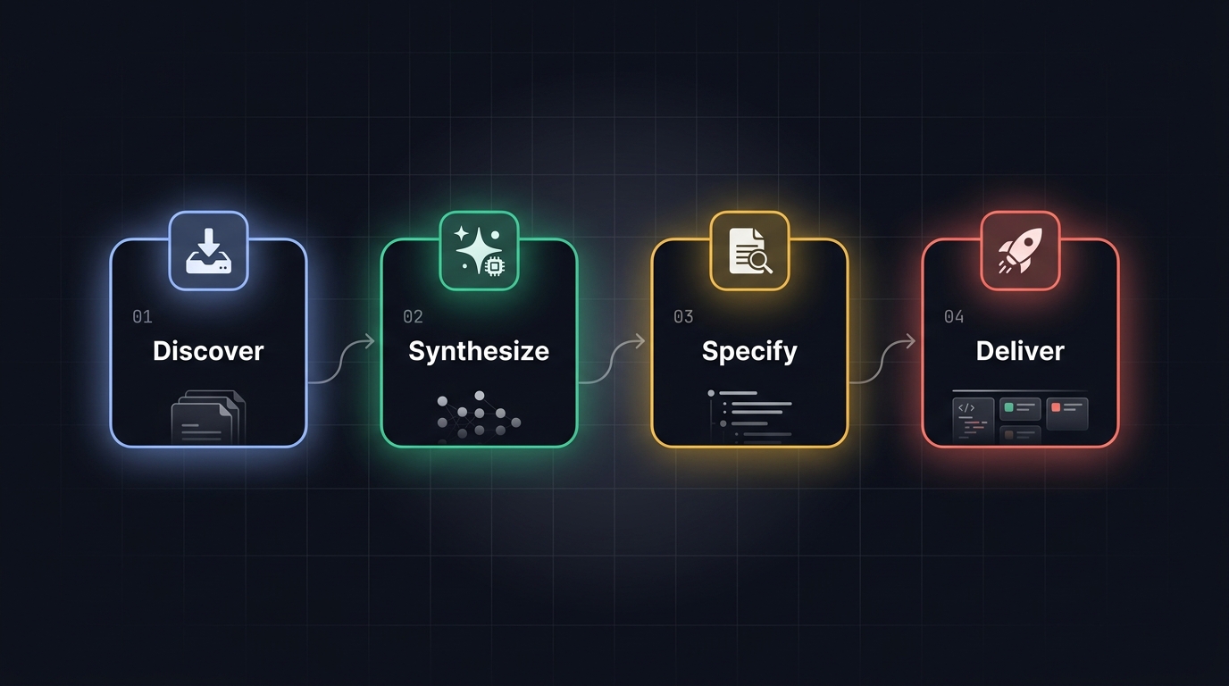 Spec10x product loop: Discover → Synthesize → Specify → Deliver → Learn